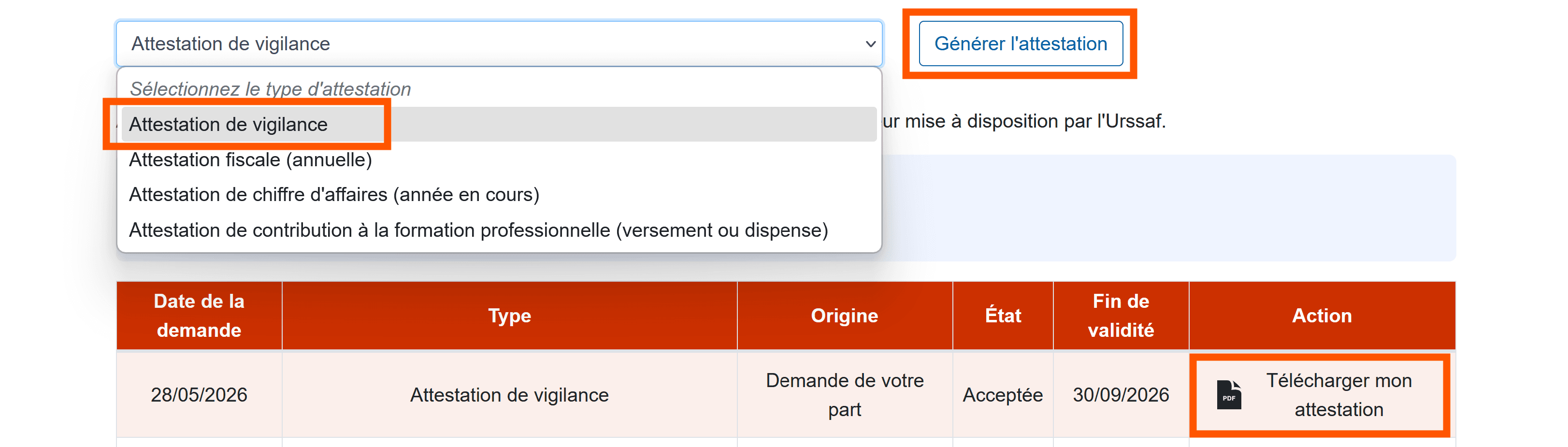 URSSAF attestations page - generate button
